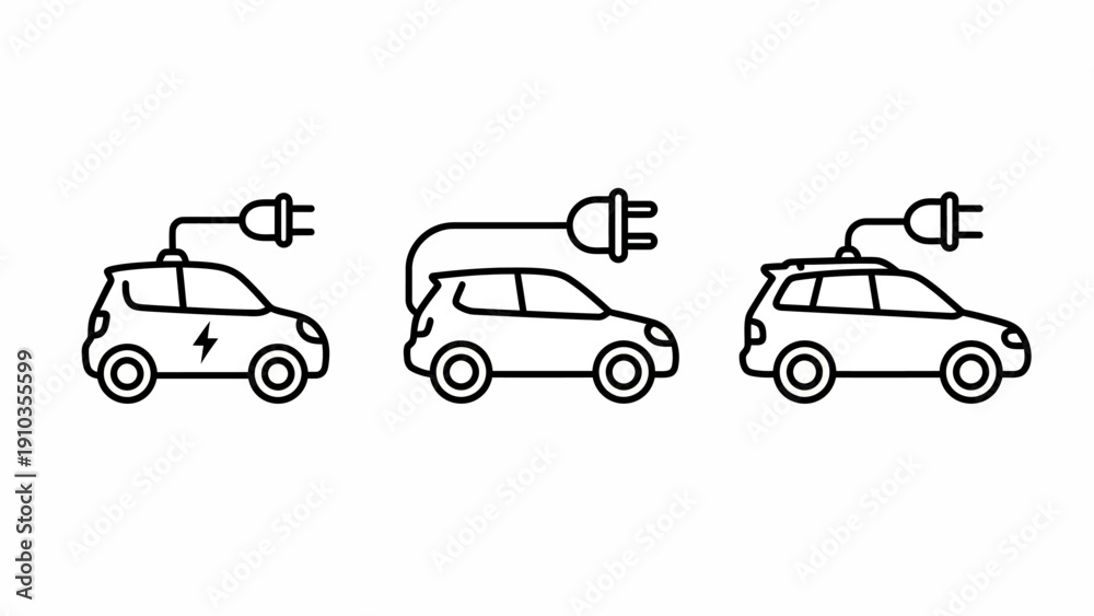 Naklejka premium Electric cars charging at a station, illustrated from a side view, showcasing different stages of the charging process