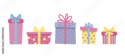 set Vector illustration of five colorful gift boxes with bows in various vibrant patterns and colors. Ideal for holiday, birthday, or celebration themes. Perfect for design projects.