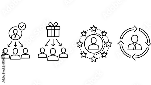 Vector illustration of business concepts including leadership, reward, recognition, and teamwork in a simple line art style