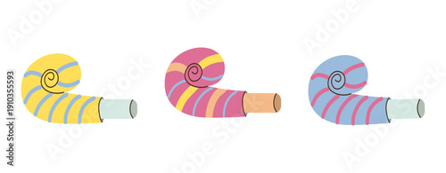 set Vector illustration of three colorful party blowers in yellow, pink, and blue. These festive noise makers add a lively touch to any celebration, perfect for birthdays and parties.
