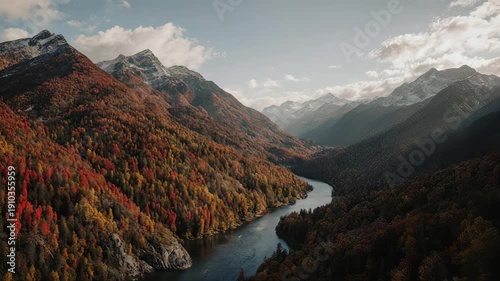 Scenic Mountain Landscape with River and Autumn Foliage.