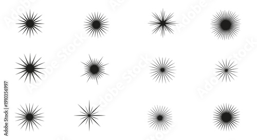 Collection of black radial starburst shapes in varying sizes on white background for graphic design.