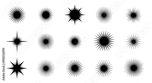Collection of black radial starburst shapes with varying spikes on white background for graphic design elements.