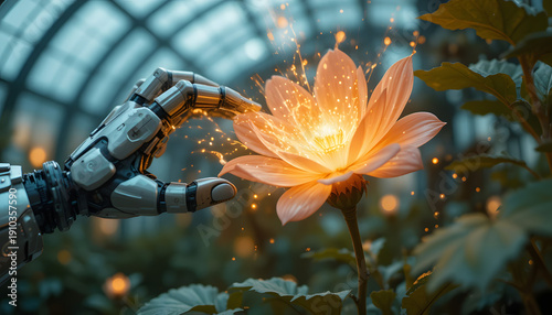 A sleek, metallic robotic hand gently touches a luminous