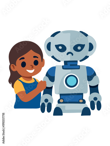 young girl inventor presenting artificial intelligence robot prototype