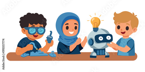 happy international students working on robotics technology innovation