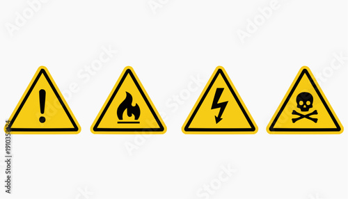 yellow warning sign with exclamation mark Caution Warning Signs Icon Set – Fire Hazard, High Voltage, Flammable Danger, Skull Risk Symbols Vector Illustration