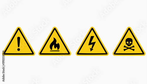 yellow warning sign Caution Warning Signs Icon Set – Fire Hazard, High Voltage, Flammable Danger, Skull Risk Symbols Vector Illustration