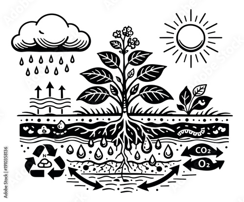 Hand drawn line art illustration of an ecosystem cycle depicting water, sun, and plant growth for environmental education