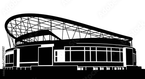 Modern Industrial Warehouse and Distribution Center Building Illustration Representing Logistics and Supply Chain Management. This professional vector illustration shows a large warehouse facility wit