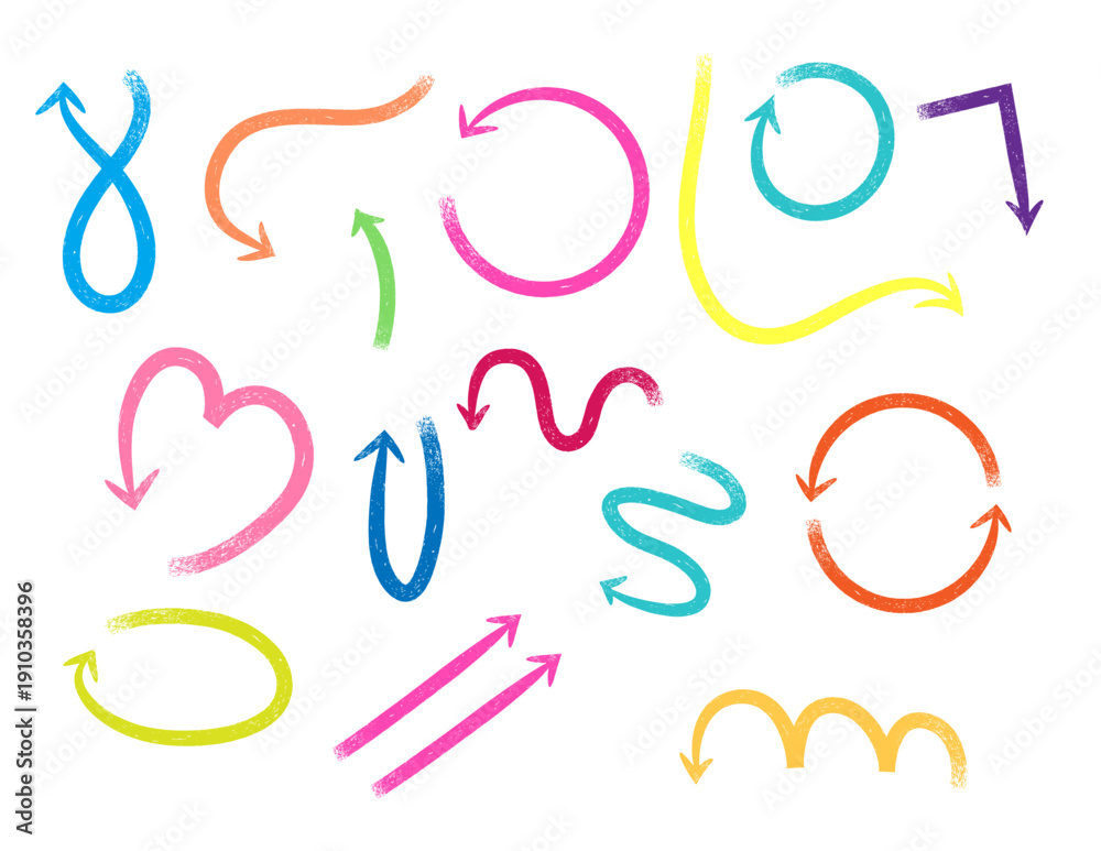 Obraz premium Collection of colorful arrows scribble drawings. Perfect for use for web, presentation, info-graphic, print projects or office work