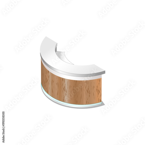 Modern Isometric Receptionist Desk with LED Lighting and Wood Panel; Luxury Curved Front Desk for Office Lobby; Professional Interior Furniture Vector
