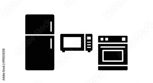 This modern kitchen appliances icon represents home electronics, cooking equipment, and daily household convenience. The visual features common kitchen appliances arranged in a clean and functional la