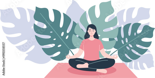 Young woman practicing mindful meditation in a serene natural setting with tropical leaves, promoting peace and wellness