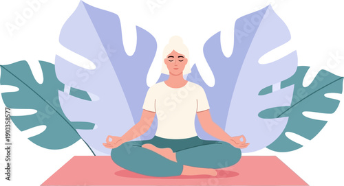 Serene woman in lotus pose practicing meditation surrounded by large tropical leaves, promoting mindfulness and inner peace in a tranquil setting