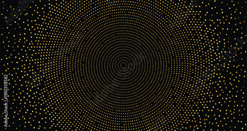 Abstract background with lot of tiny dot arranged in a circle. Glowing dotted glitter background. Golden effect. Simple gold round dots heap. Vector illustration.