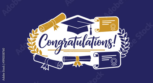 A distinguished banner wishing 'Congratulations!' on academic success, featuring a classic graduation cap, rolled diplomas, and elegant laurel elements for celebrating achievements
