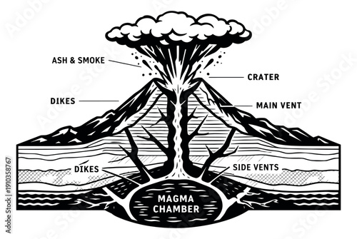 Hand drawn line art illustration of a volcano cross section depicting an eruption and internal structure for science education