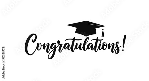 Elegant calligraphic 'Congratulations!' with a classic academic cap, perfectly symbolizing the joyous achievement of graduation and educational success