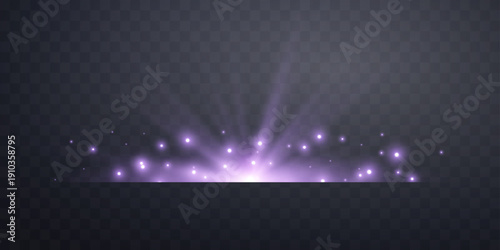 Purple horizontal lensflare. Light flash with rays or violet spotlight and bokeh. Glow flare light effect. Vector illustration. Isolated on dark background.