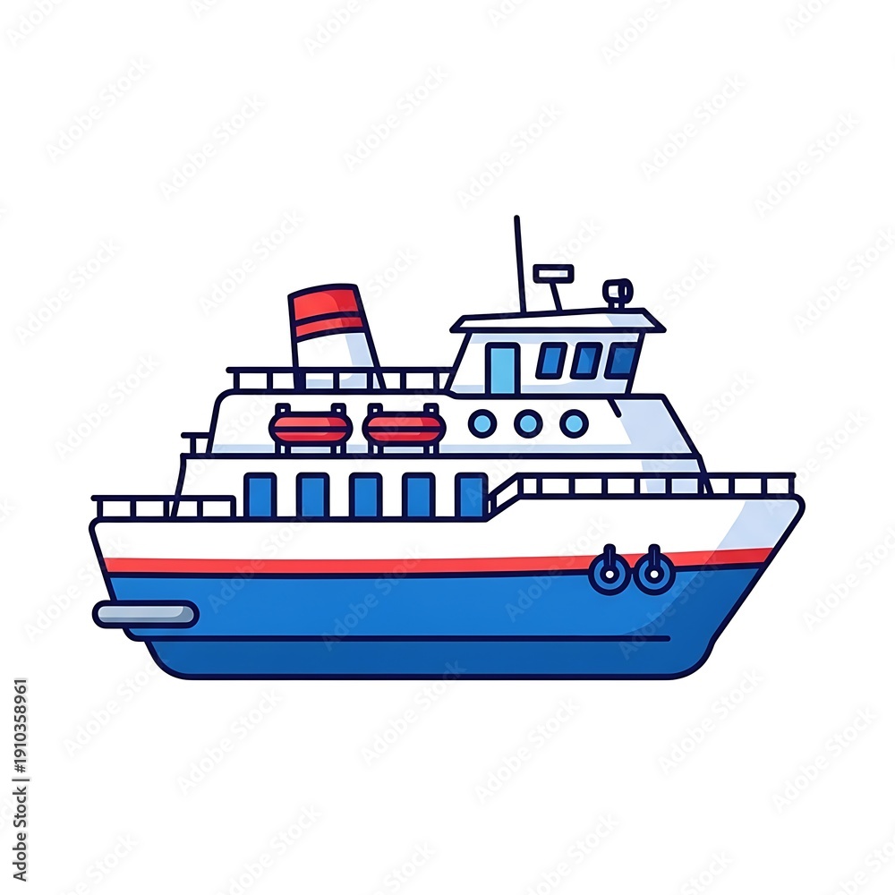 Fototapeta premium Blue and White Cartoon Ferry Boat Illustration.