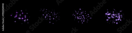 Purple glittering dots, particles, stars magic sparks set. Glow flare light effect. Violet luminous points. Vector particles on black background.
