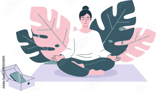 Calm Woman Meditating on Yoga Mat Amidst Lush Leaves, Practicing Mindfulness and Disconnecting from Technology for Wellness