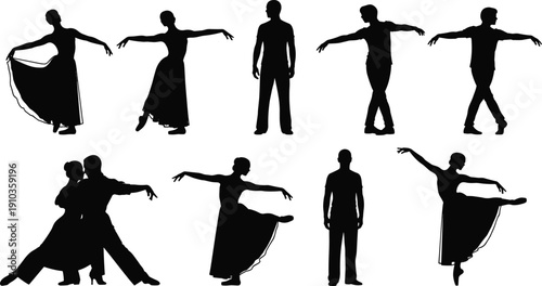 Elegant ballroom dance silhouettes set with couple and solo performers vector illustration isolated on white background