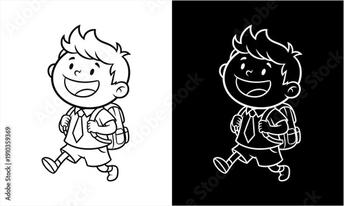 Happy Schoolboy Walking with Backpack in Cartoon Style.
