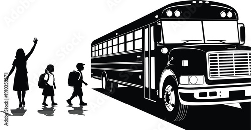 School bus with children and teacher silhouettes back to school transportation vector illustration isolated on white background