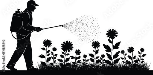 Gardener spraying pesticide on flowers silhouette vector illustration isolated on white background agriculture plant protection concept