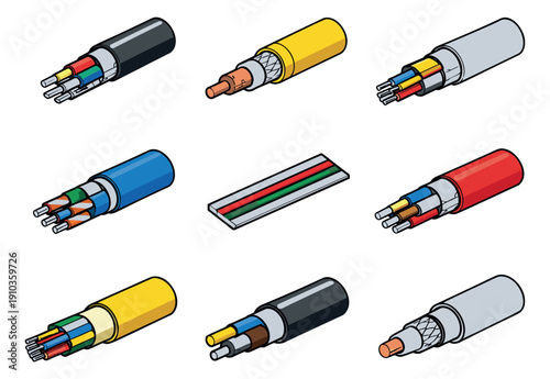 Isometric line art illustration set featuring various exposed electrical and data cable cross-sections for technology and industry concepts