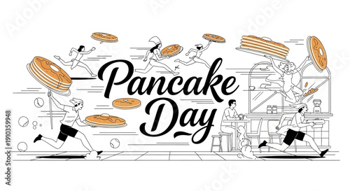 Illustration of people celebrating Pancake Day with flying pancakes and cooking utensils in a lively scene.