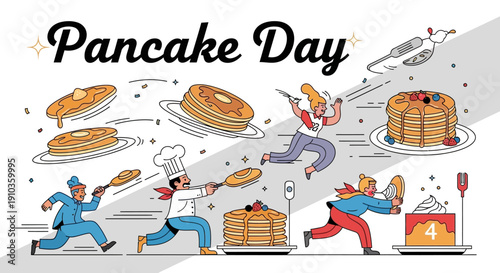 Illustration of people flipping pancakes on Pancake Day with frying pans and stacks of flat cakes in a lively party scene.