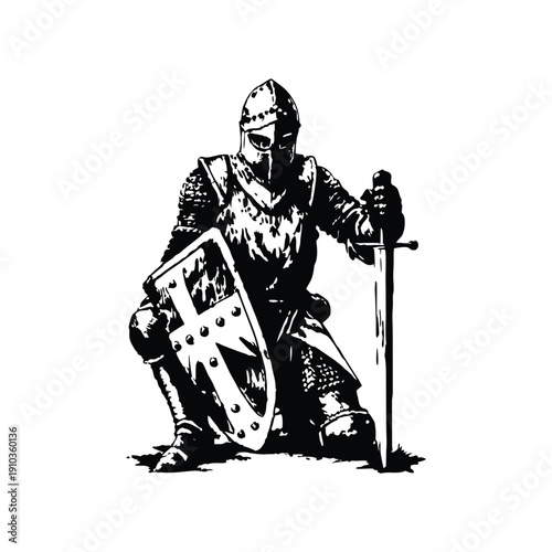 Canvastavla Black and white vintage illustration of a medieval knight kneeling with sword an