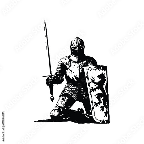 Black and white vintage illustration of a medieval knight kneeling with sword and shield hand drawn style vector art