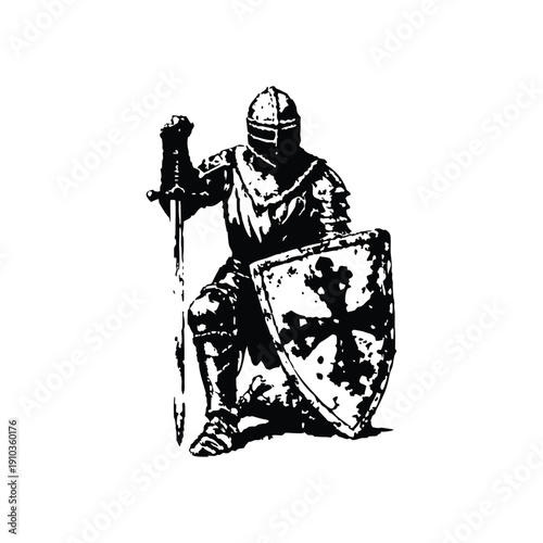 Black and white vintage illustration of a medieval knight kneeling with sword and shield hand drawn style vector art