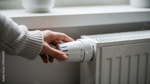 Hand adjusting radiator thermostat in cozy indoor environment  