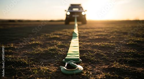 Towing rope connecting a vehicle in a field at sunset, an outdoor adventure