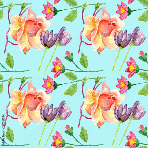 Pattern senza cucitura con fiori misti ad acquerello su sfondo celeste