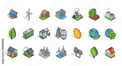 Renewable energy icons set with eco-friendly symbols and sustainable power sources
