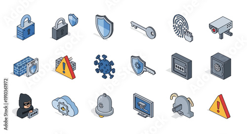 Collection of cybersecurity icons including locks, shields, keys, and warning signs