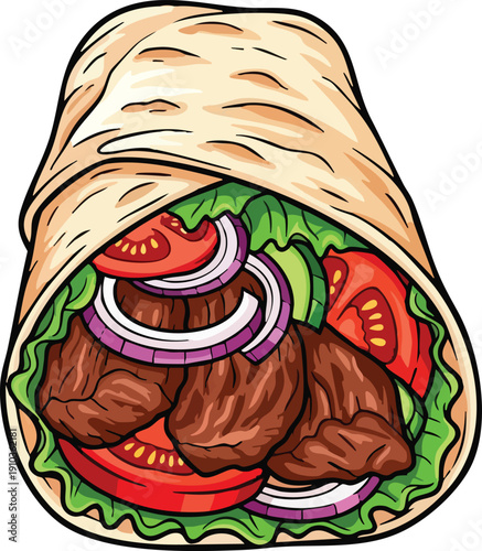 Delicious Cartoon Shawarma Wrap with Fresh Vegetables and Meat.
