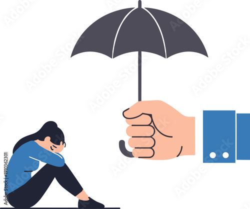 Big hand holding umbrella over sad depressed woman, psychological support and protection concept, mental health care, insurance safety