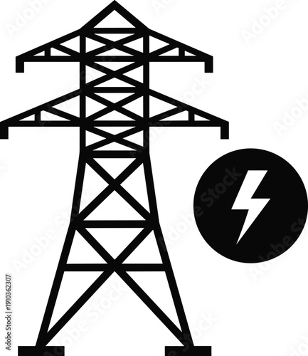 Industrial electricity transmission towers and power grid substation, high voltage energy infrastructure monochrome engineering illustration landscape concept