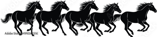 Black silhouette of galloping horses on white background, majestic wild mustang herd running fast, dynamic equestrian vector illustration