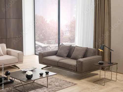 modern interior with stone wall decoration and special design lamp, sofa and parquet. decorative background for home, hotel, office
