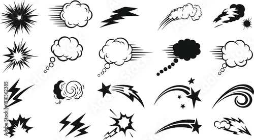 Comic Book Action Element Collection with Speed Line, Burst Effect, Lightning Bolt, and Speech Bubble Minimalist Black Illustration