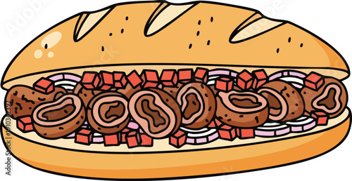 Delicious Sandwich with Grilled Meat and Onions.