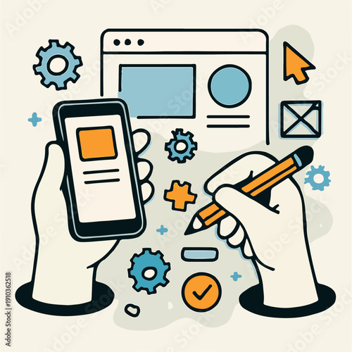 UI UX Design Concept Illustration

Smartphone Interface and Wireframe Vector

Hands with Pencil and Mobile UI Icons

User Experience and Interface Design Clipart

Creative Digital App Design Illustrat